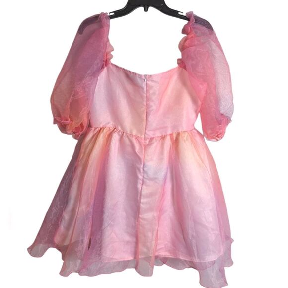 Cider Heart On Fire Pink Orange Ombre Sheer Tulle Poof Sleeve Mini Dress XL - Picture 5 of 6